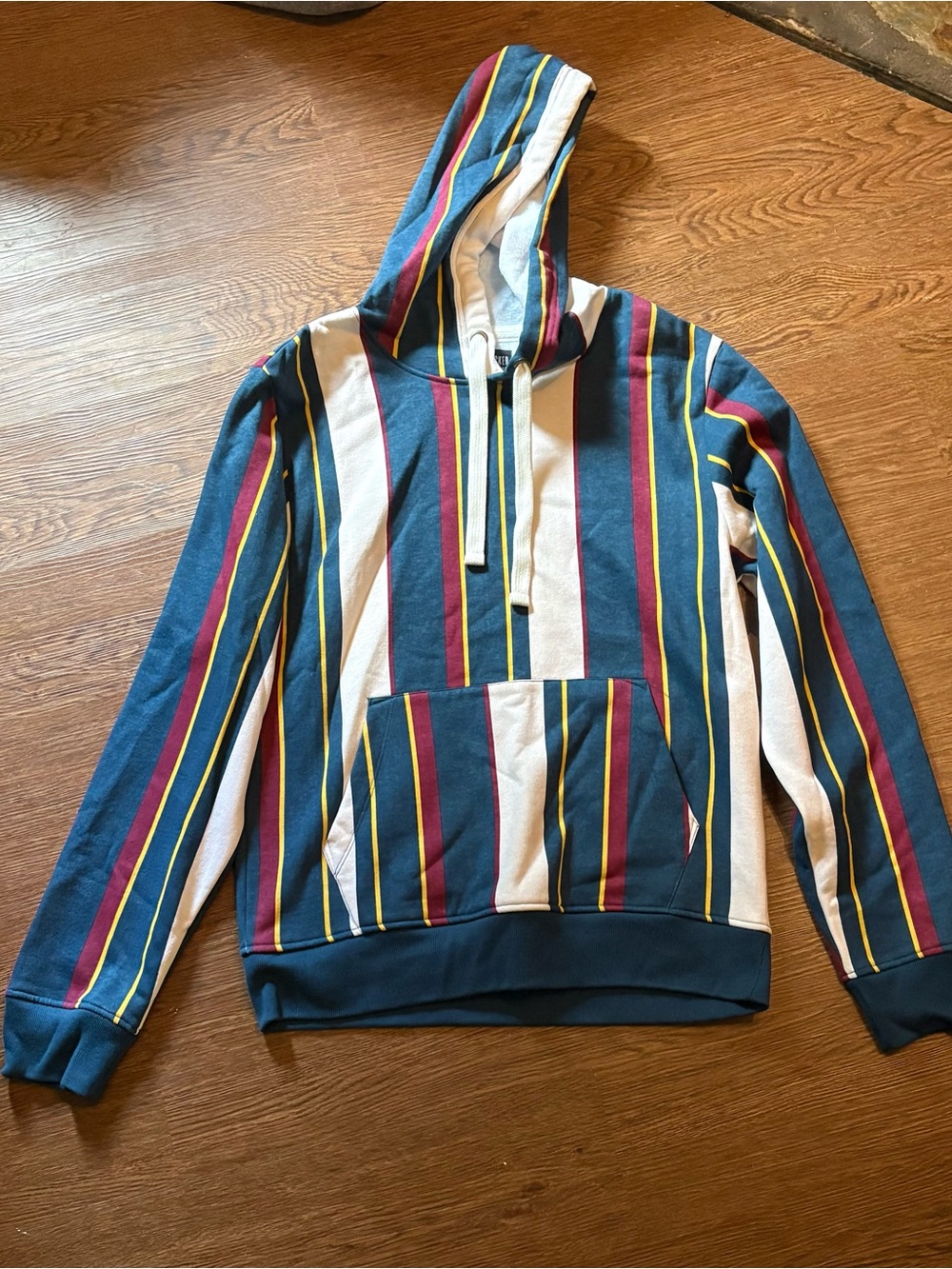 Striped Hooded Pullover Sweatshirt in Teal, White & Burgundy